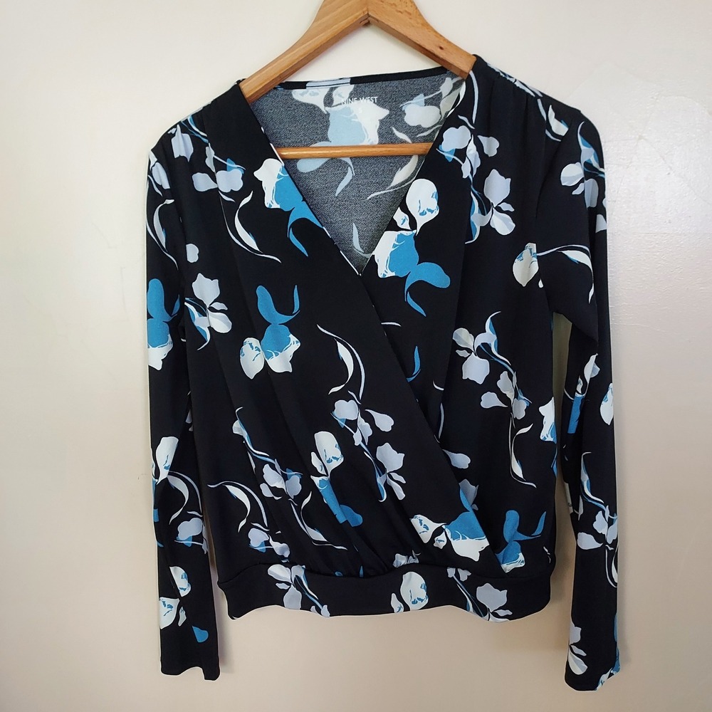 Black Blue Floral Faux Wrap V Neck Long Sleeve Blouse Office Siren